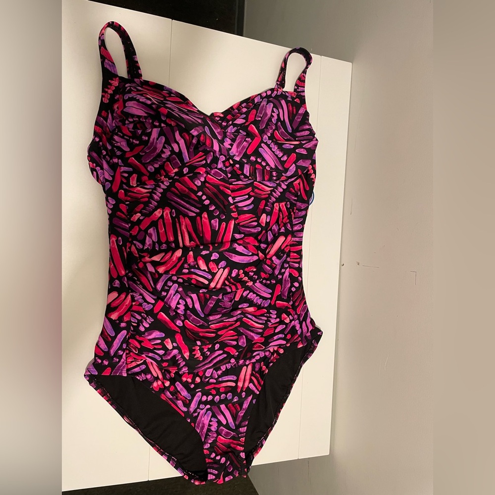 Swimsuits For All Black One-Piece Swimsuit with Pink & Purple Print